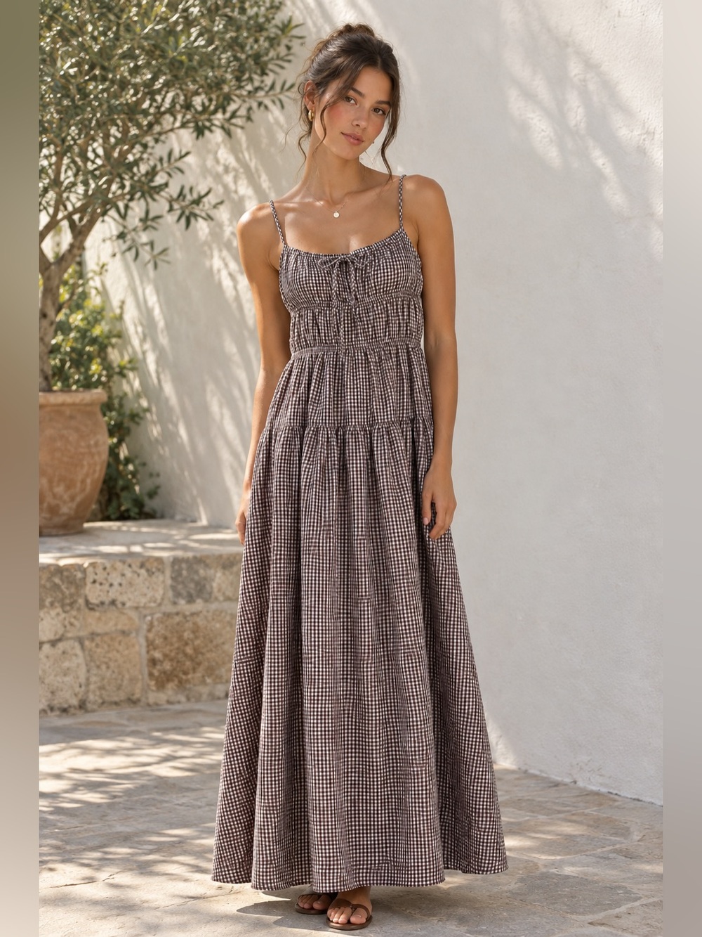 Sim & Sam Brown Gingham Tiered Midi Sundress